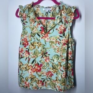 Rose & Olive Red and Green Ruffled Sleeveless Blouse